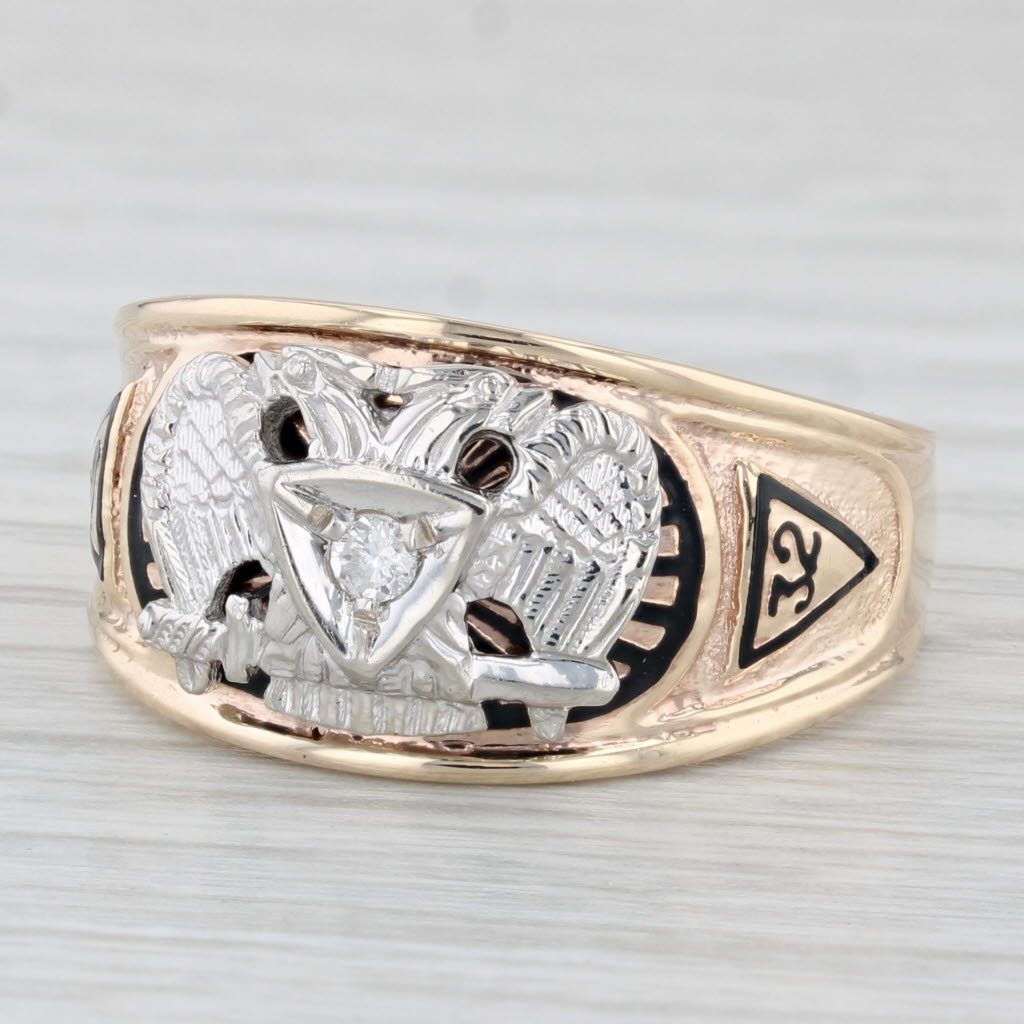 Light Gray Scottish Rite Masonic Ring 10k Gold Diamond 32nd 14th Degree Size 12.5