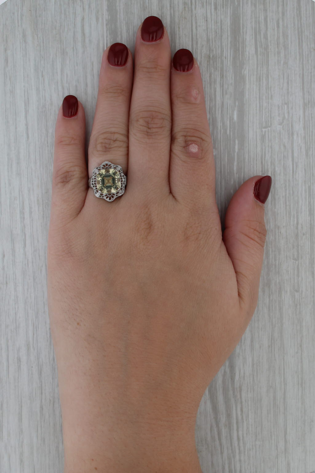 Vintage 4.20ct Lemon Quartz Solitaire Ring Sterling Silver Filigree Size 7