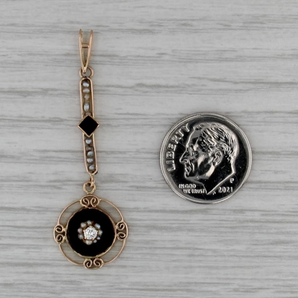 Onyx Pearl Diamond Vintage Lavalier Pendant 10k Yellow Gold Filigree Drop