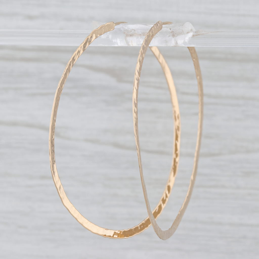 Hammered Hoop Earrings 14k Yellow Gold Large Round Hoops 54.3 x 0.5mm