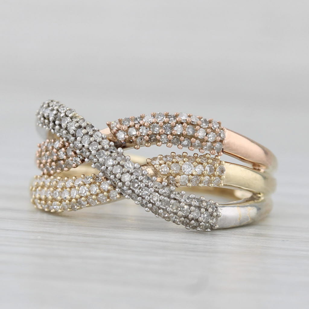 Light Gray 0.31ctw Diamond Overlay Tri Toned Ring 10k Rose Yellow White Gold Size 7