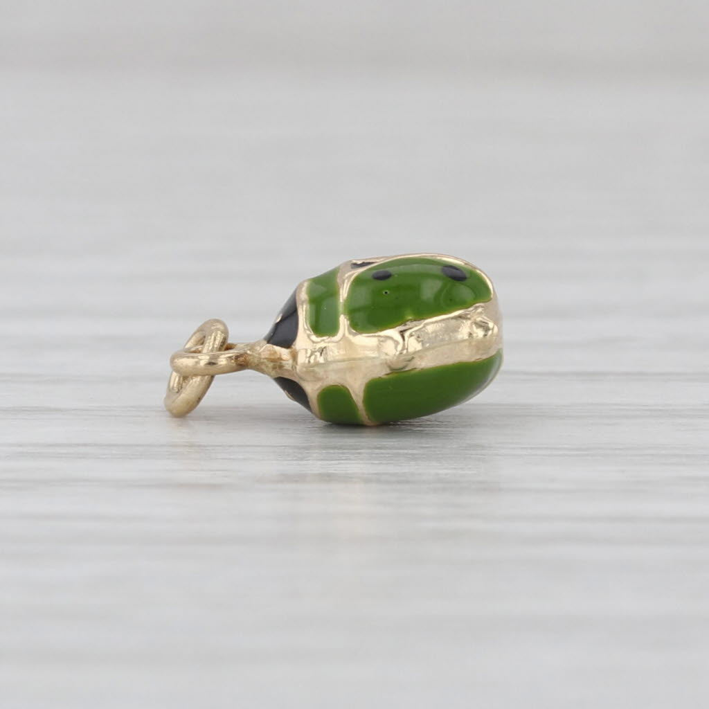 Green Ladybug Charm 14k Yellow Gold Resin Small Drop Pendant Good Luck