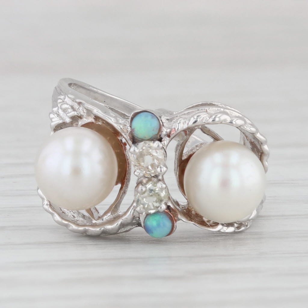 Light Gray Vintage Cultured Pearl Diamond Opal Ring 14k White Gold Size 7