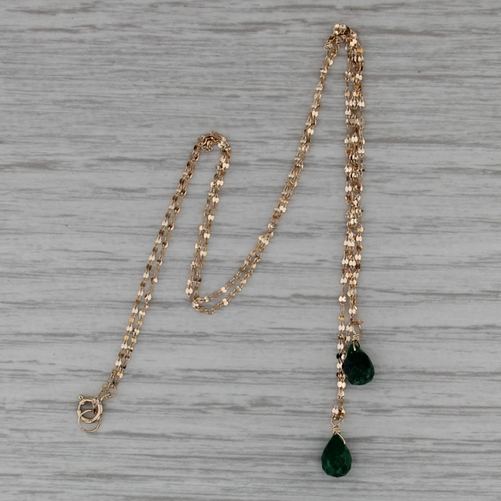 Mirror Chain Green Sapphire Briolettes Layered Necklace 14k Yellow Gold 16"