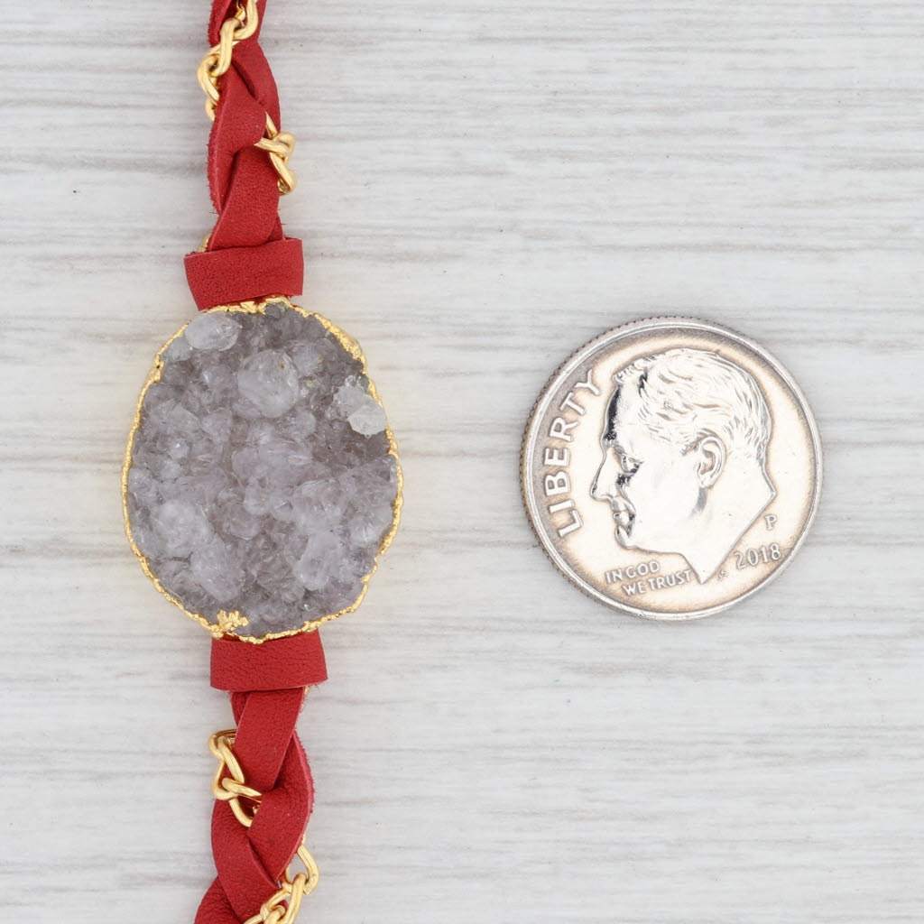 New Cordelia Nina Wynn Necklace Red Woven Leather Gold Vermeil White Druzy