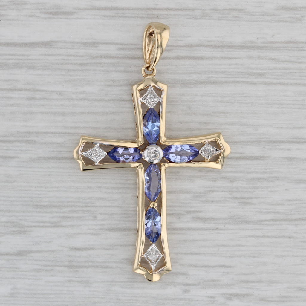 Gray 1.27ctw Tanzanite Diamond Cross Pendant 10k Yellow Gold