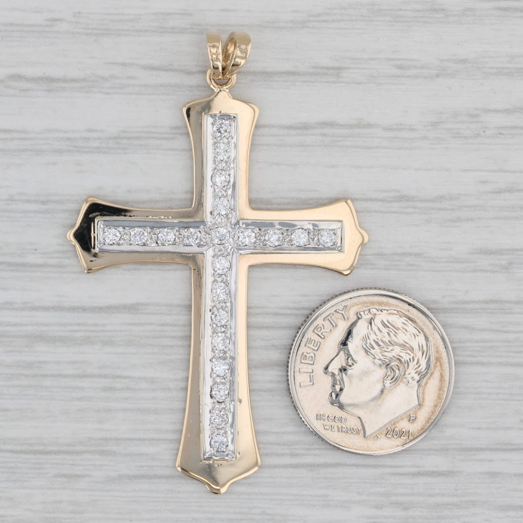 Gray 0.42ctw Diamond Cross Pendant 14k Yellow Gold Large Statement Religious Jewelry