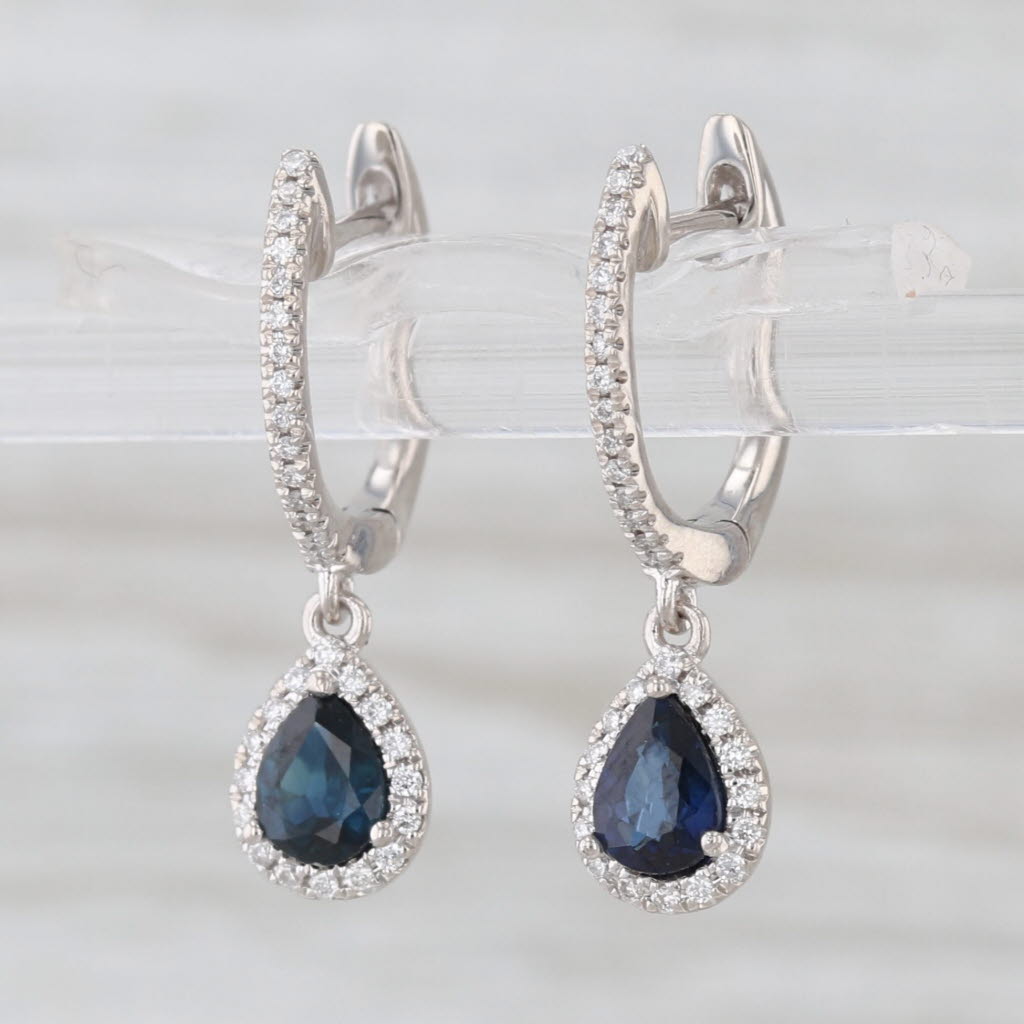 New 1ctw Sapphire Diamond Halo Teardrop Hoop Earrings 14k Gold Hinged