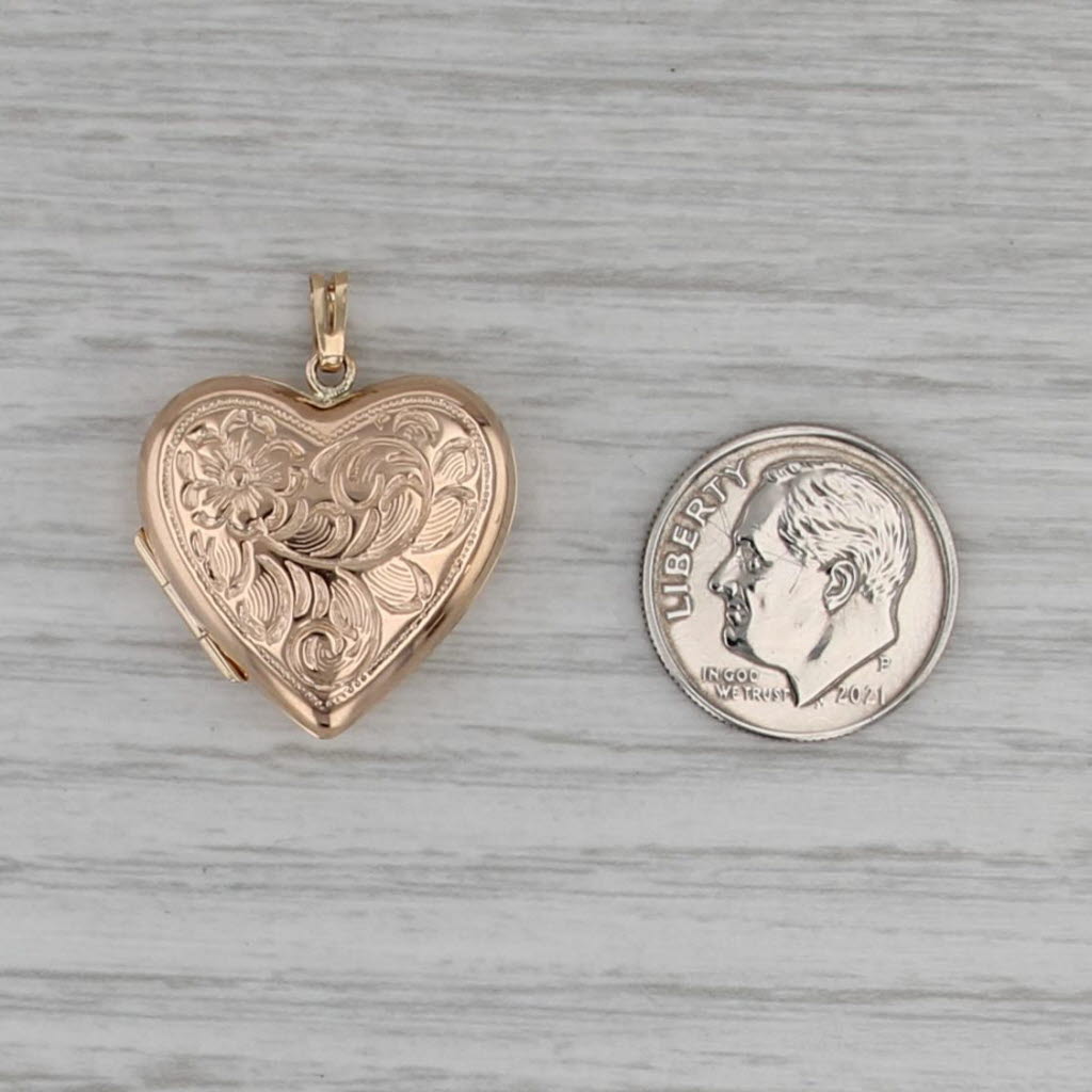 Vintage Floral Heart Locket Pendant 10k Rose Gold Charm Engravable Opens