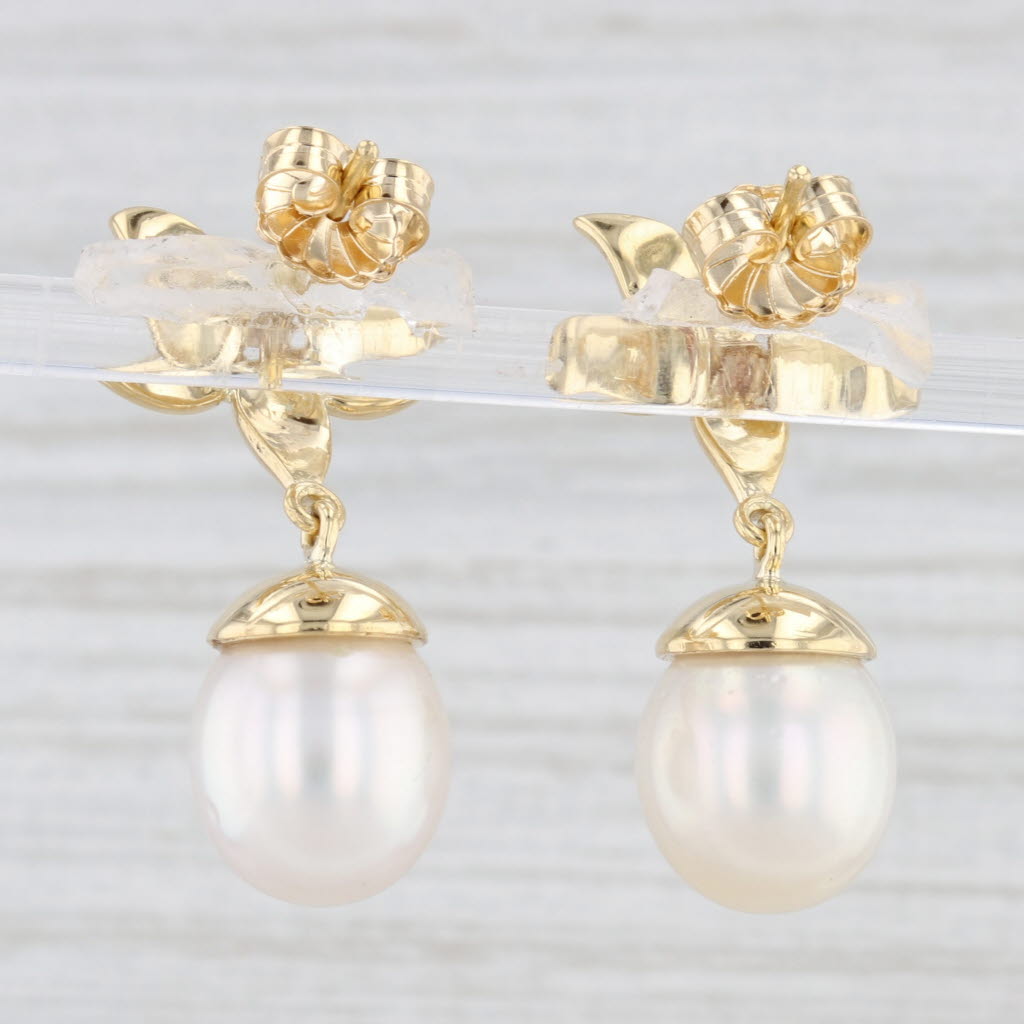 Light Gray Flower Cultured Pearl Dangle Earrings 18k Yellow Gold Pierced Drops