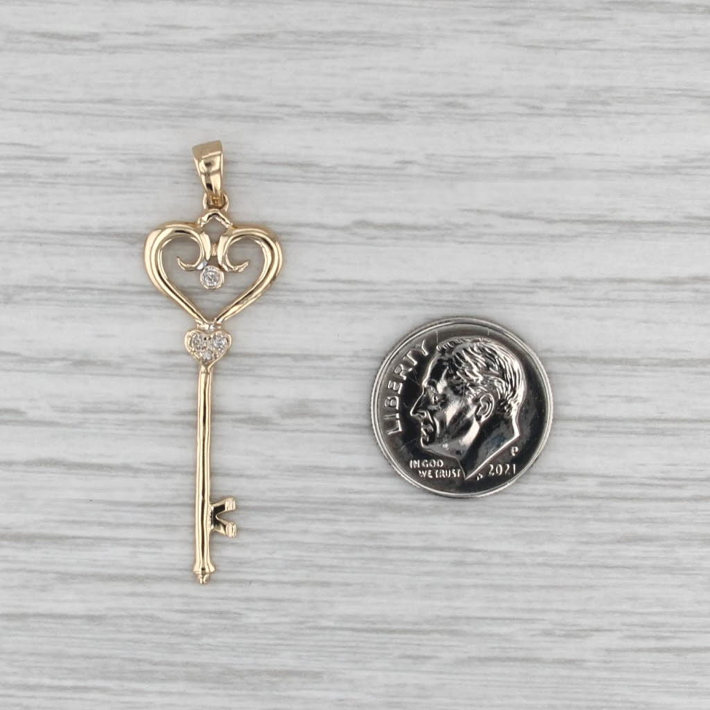 Diamond Accented Heart Skeleton Key Pendant 14k Yellow Gold