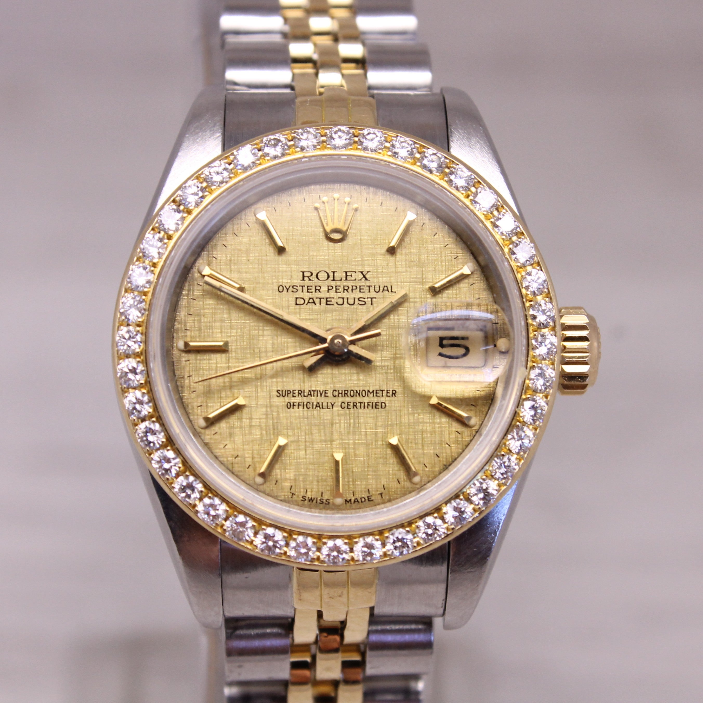 Vintage 1986 Rolex Datejust Ladies 69173 Steel & 18k Gold Diamond Bezel Linen