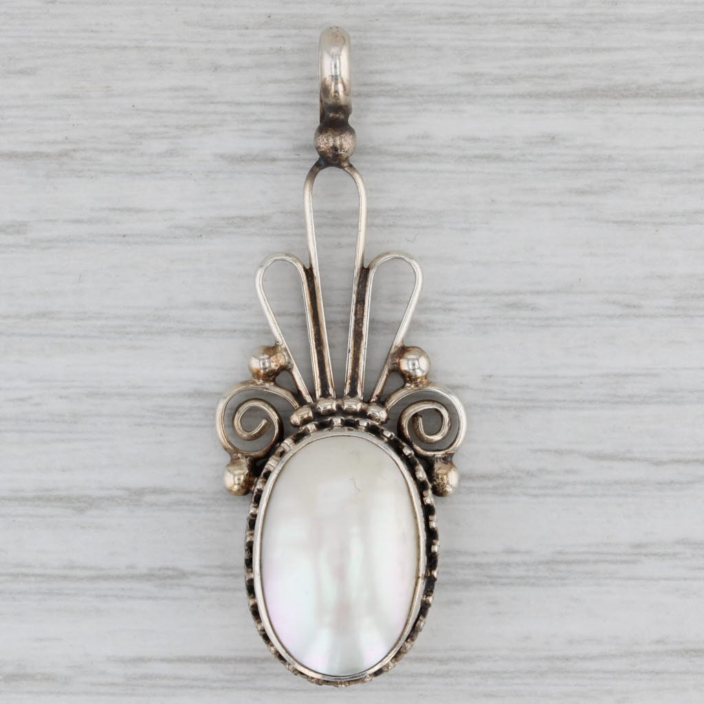 Gray Vintage Ornate Mabe Pearl Pendant Sterling Silver Artisan Signed