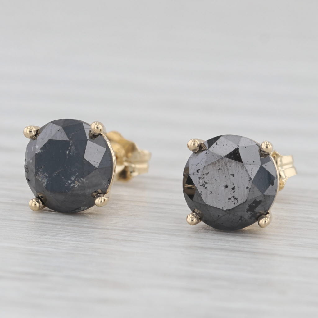 Light Gray New 3.70ctw Black Diamond Stud Earrings 14k Yellow Gold Round Solitaires