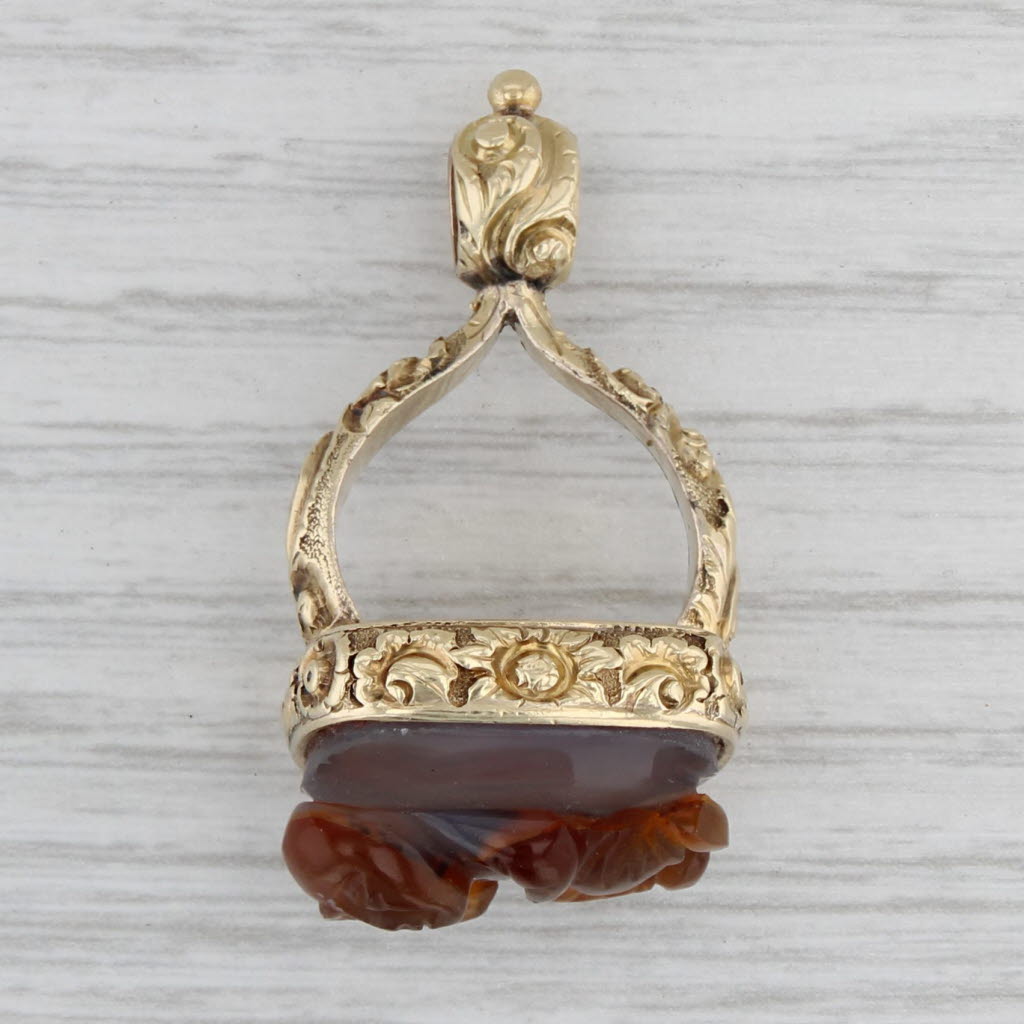 Gray Antique Brown Agate Cameo Figural Fob Charm Pendant 14k Gold