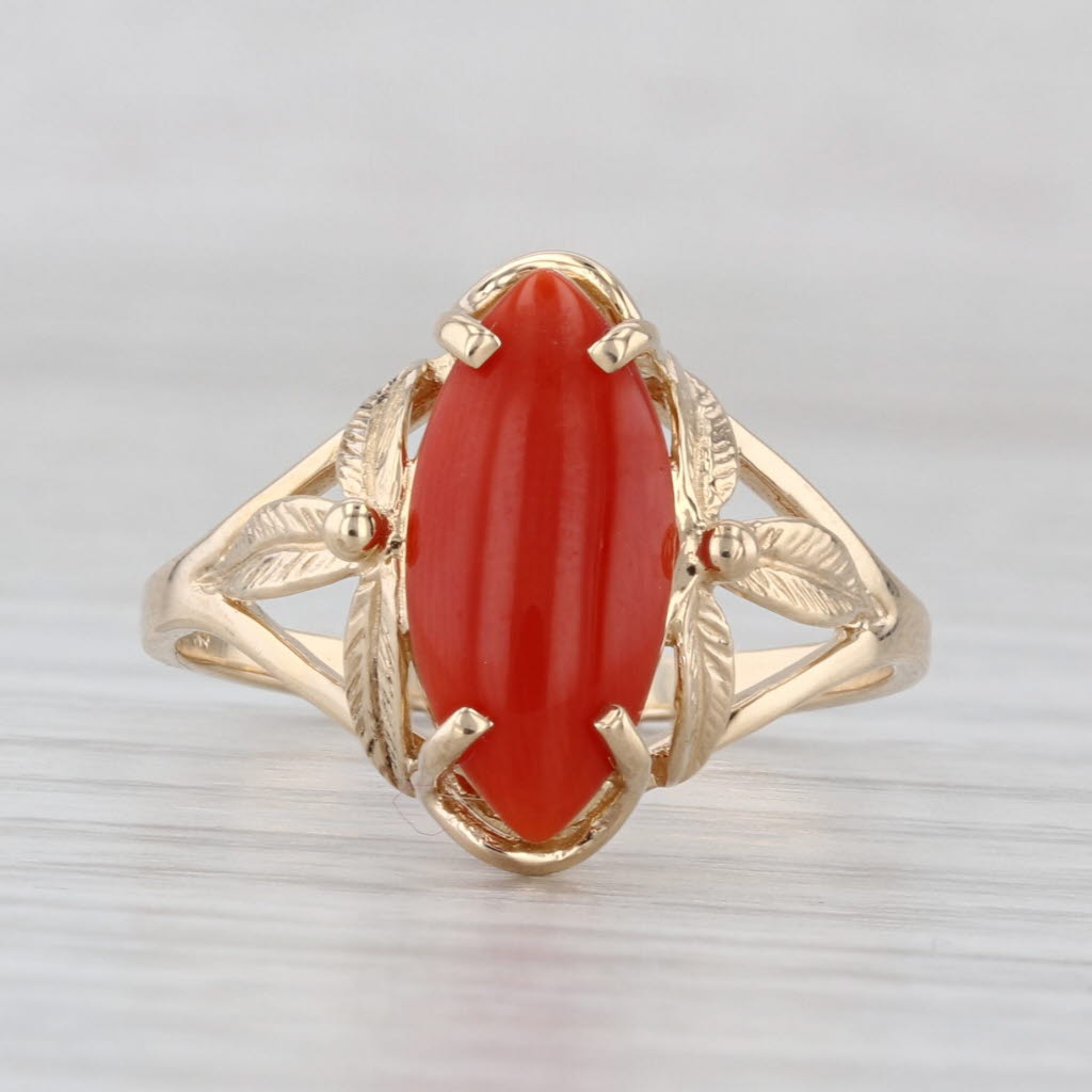 Vintage Coral Navette Cabochon Solitaire Ring 14k Yellow Gold Size 9 Floral