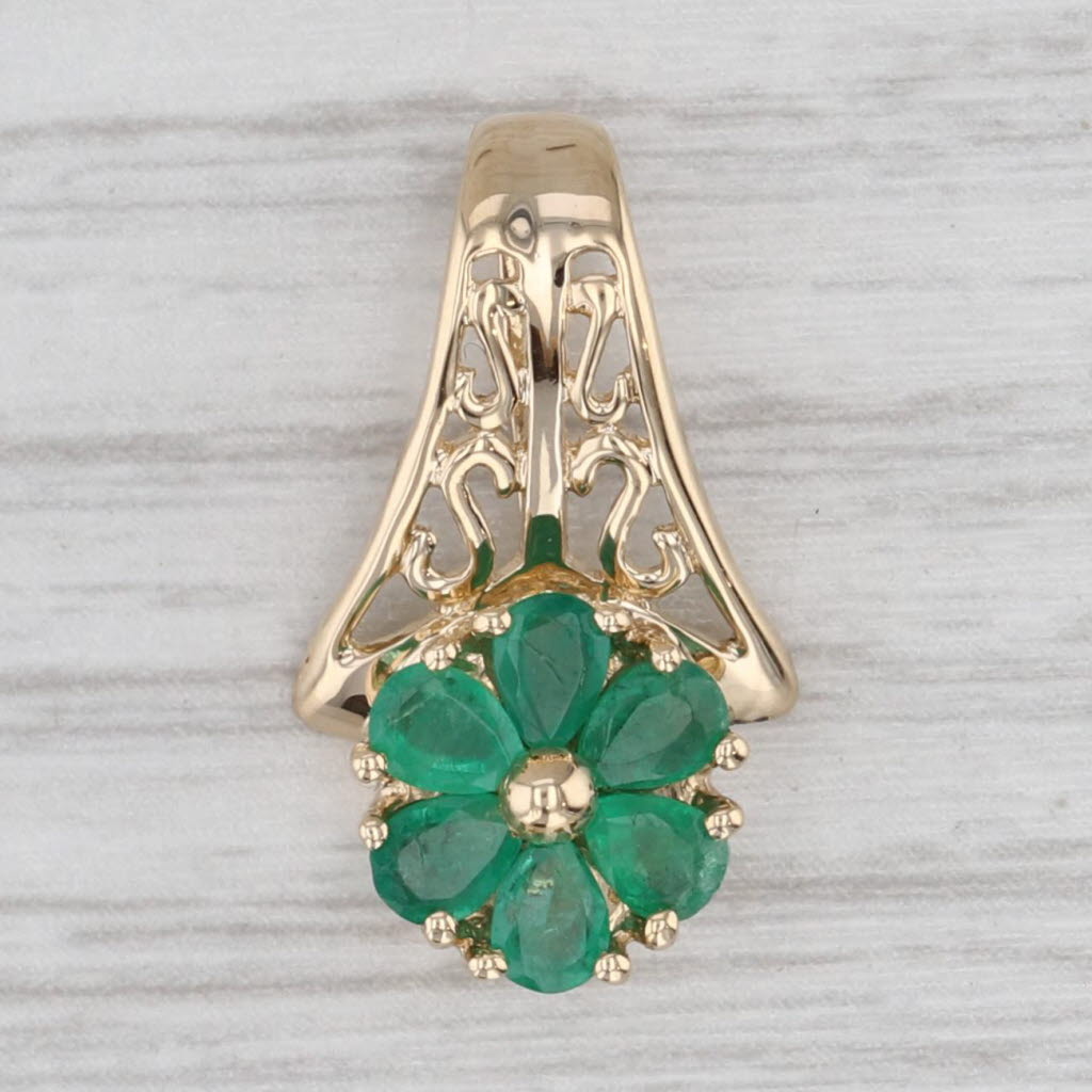 Gray 0.75ctw Emerald Flower Pendant 14k Yellow Gold Openwork