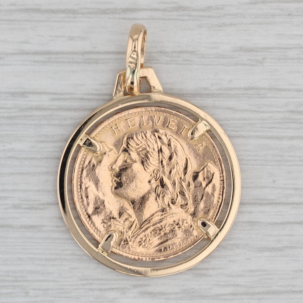 Gray Swiss 1927 20 Franc Helvetia Gold Coin Pendant 18k Bezel 900 Coin