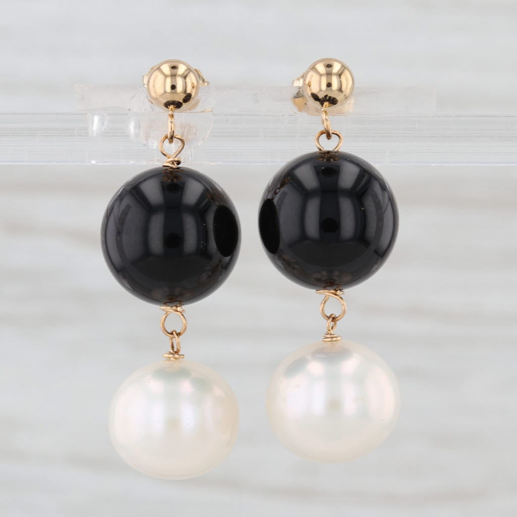 Onyx Pearl Bead Dangle Earrings 14k Yellow Gold Drops