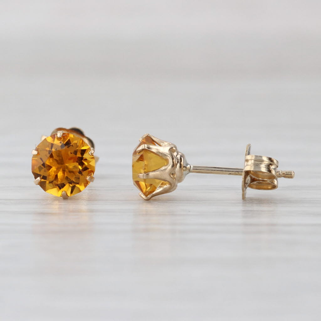 Orange Glass Solitaire Stud Earrings 14k Yellow Gold Round Studs