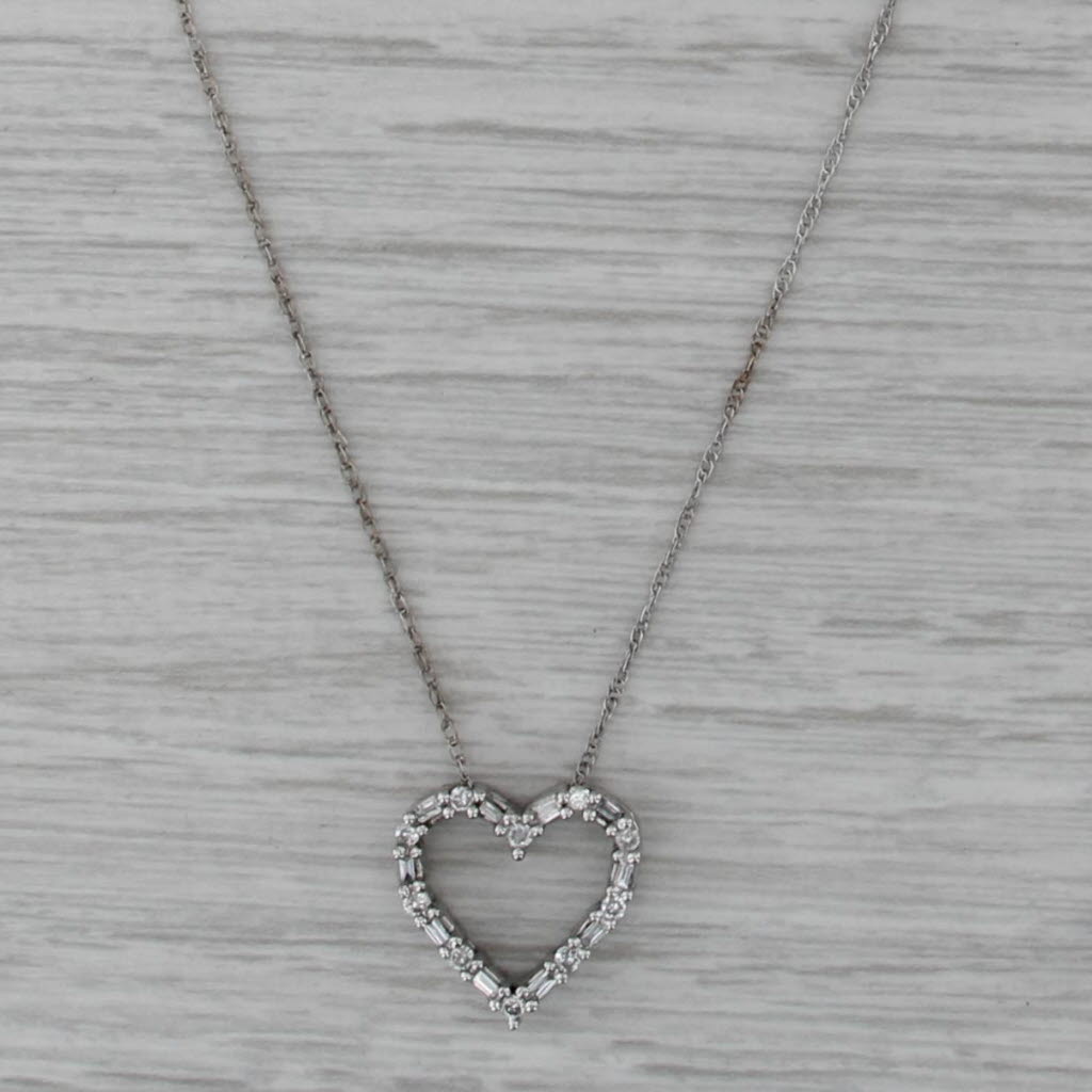 0.23ctw Diamond Open Heart Pendant Necklace 14k White Gold 18.25" Rope Chain