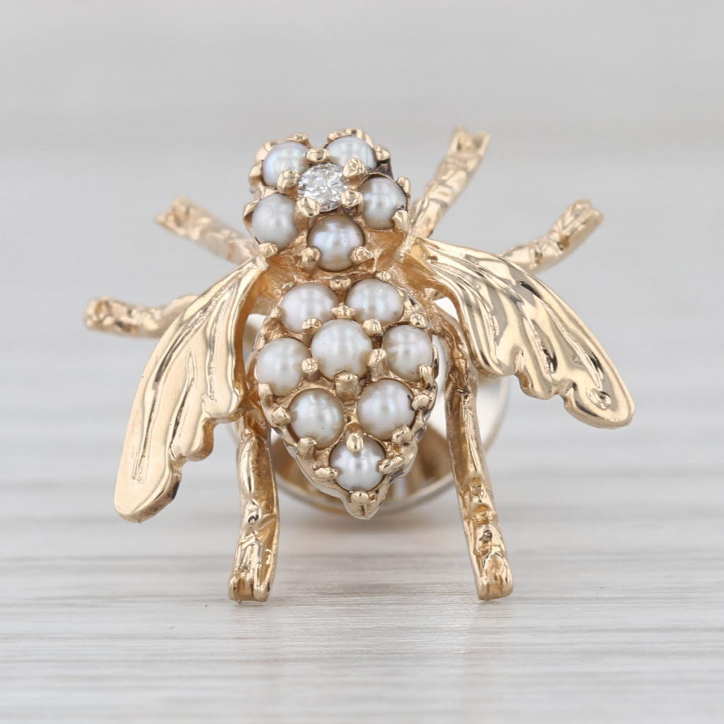 Vintage Seed Pearl Diamond Bee Pin 10k Yellow Gold Tie Tac Lapel