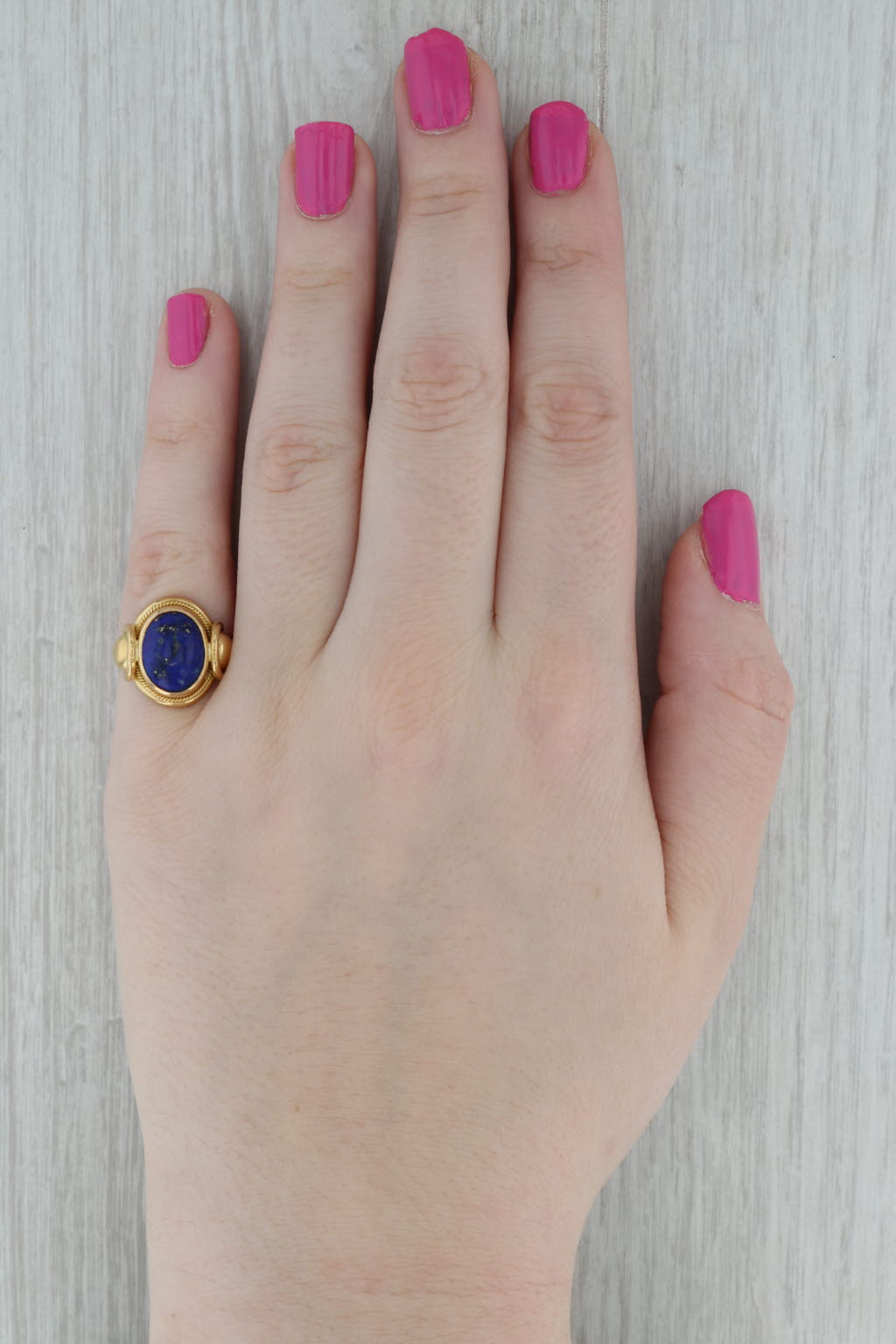 Dark Gray Vintage Blue Lapis Lazuli Ring 22k Yellow Gold Size 5.5 Oval Cabochon Solitaire