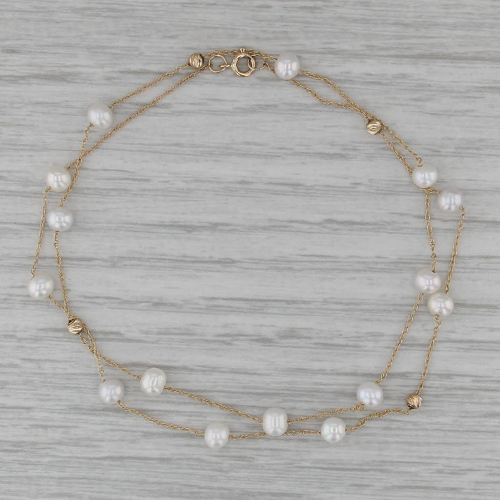 Cultured Pearl Bead Station Necklace 14k Yellow Gold 16" Rope Chain