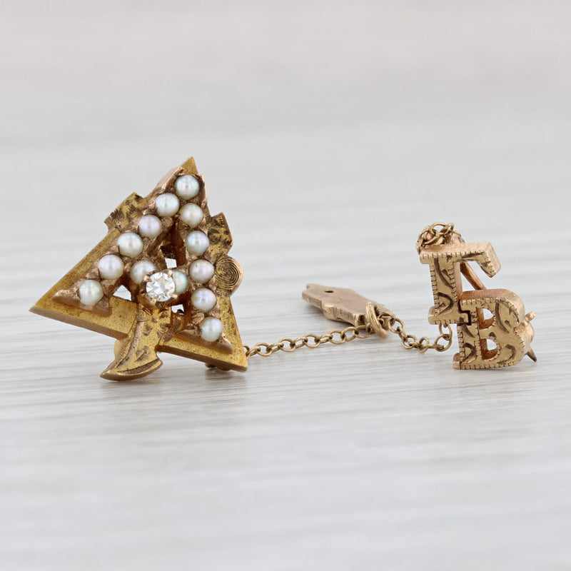 Alpha Gamma Delta Sorority Badge 10k Gold Pearls Diamonds Vintage Pin Guard