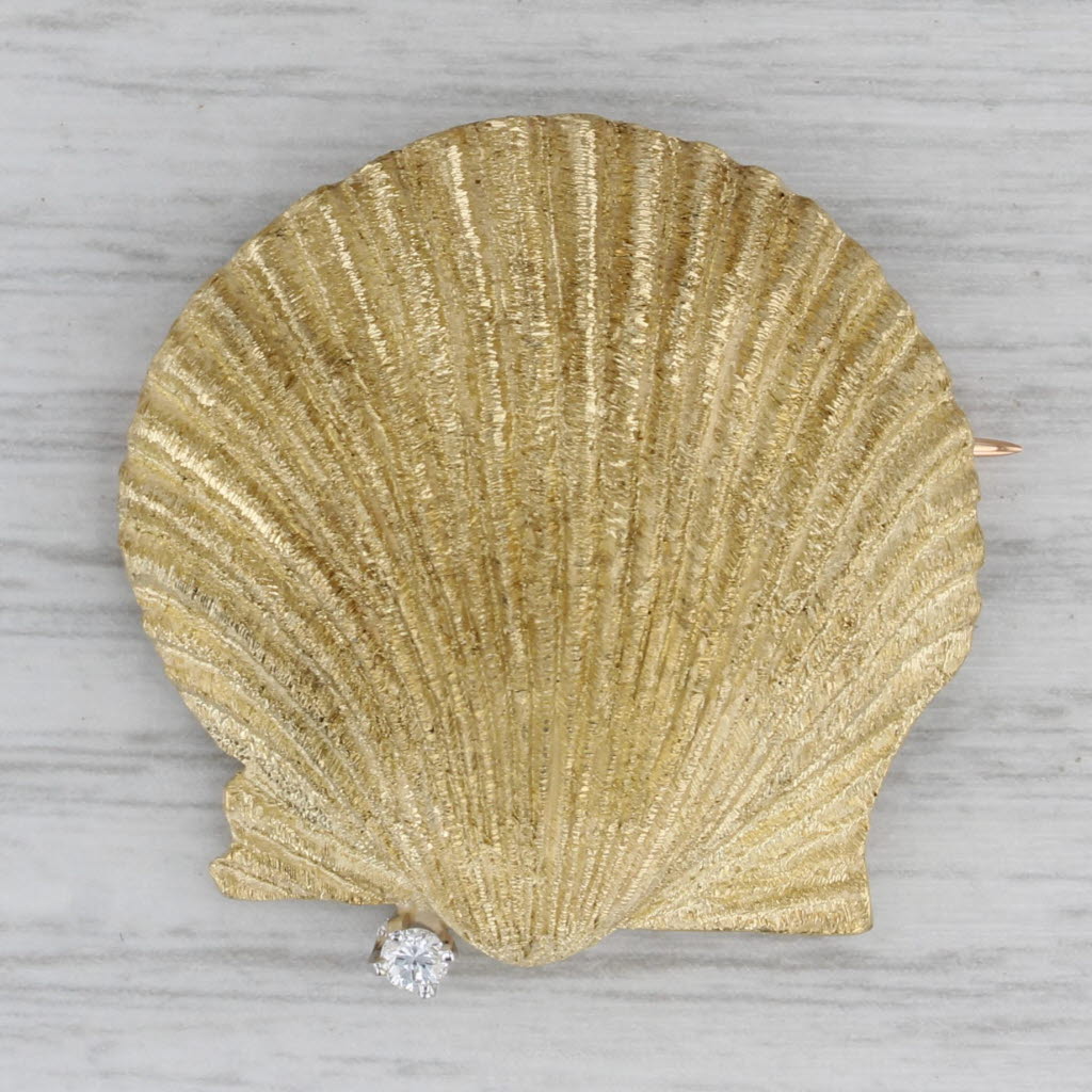 Gray Seashell Brooch 18k Yellow Gold Diamond Accent Nautical Shell Pin