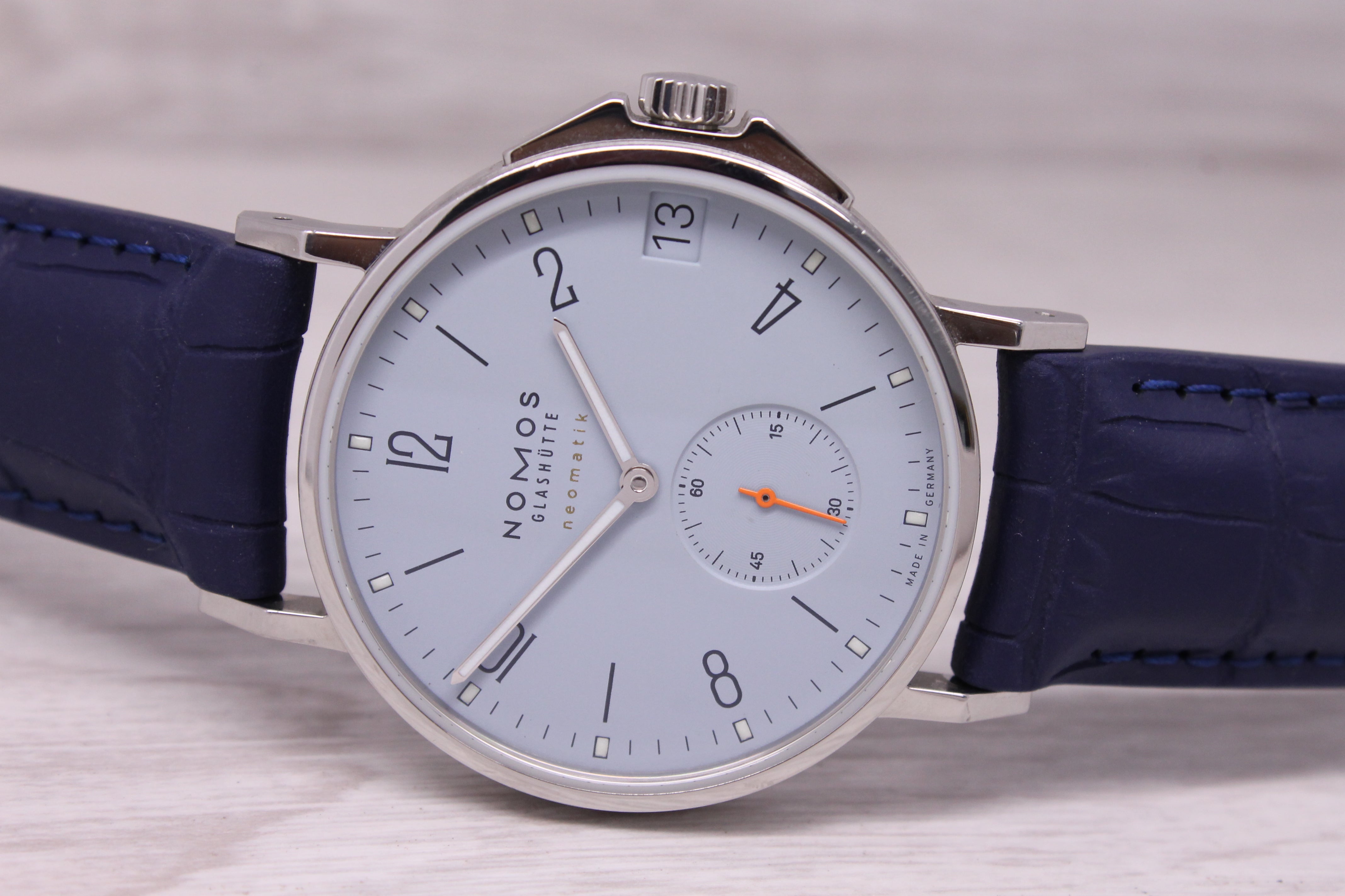 Nomos Glashutte Ahoi Neomatik 38 Date Sky Mens Steel Automatic Watch w/ Box