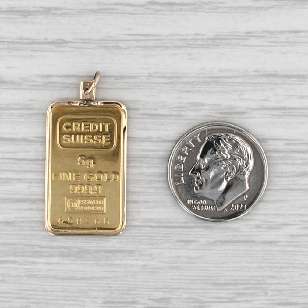 Credit Suisse 5 Gram Fine Gold 999.9 Bar Pendant Charm 18k 14k Frame