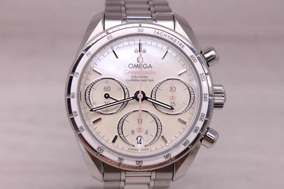 Omega Speedmaster 38mm Automatic Chronograph Watch Pink MOP Diamond Box Cards