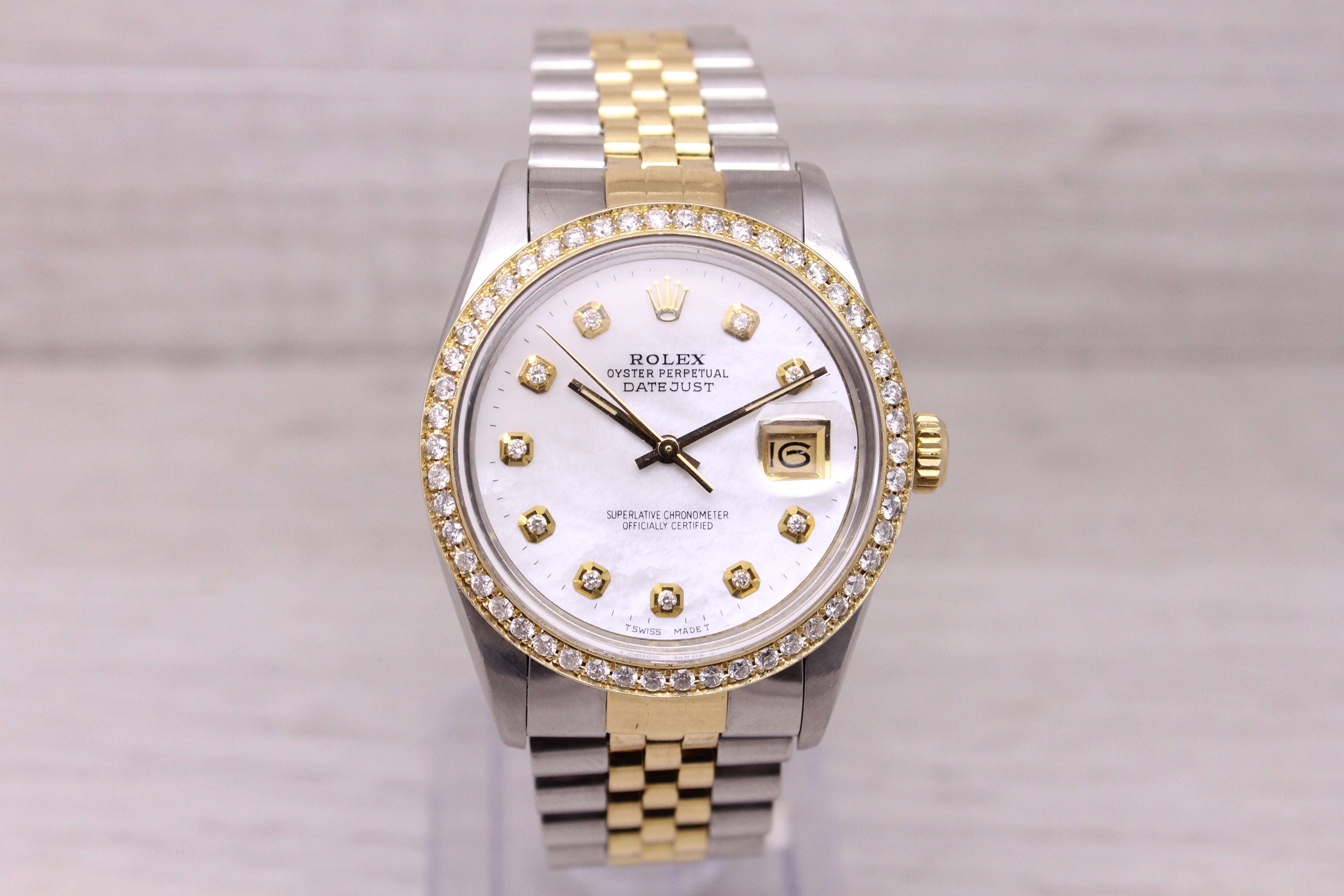 Gray Vintage 1984 Rolex Datejust 16013 Mens Steel 18k Watch Diamond Bezel & MOP Dial