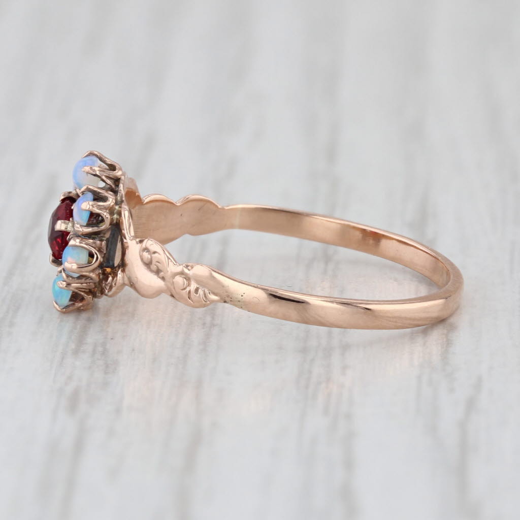 Victorian Antique Blue Opal Red Glass Flower Ring 14k Yellow Gold Size 8.5