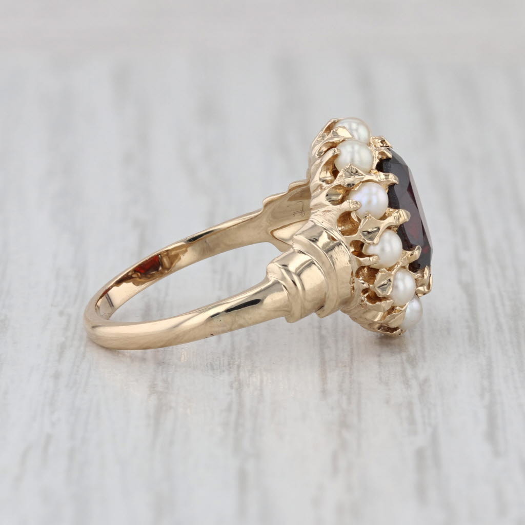 Vintage Oval Garnet Seed Pearl Halo Ring 12k Yellow Gold Size 8