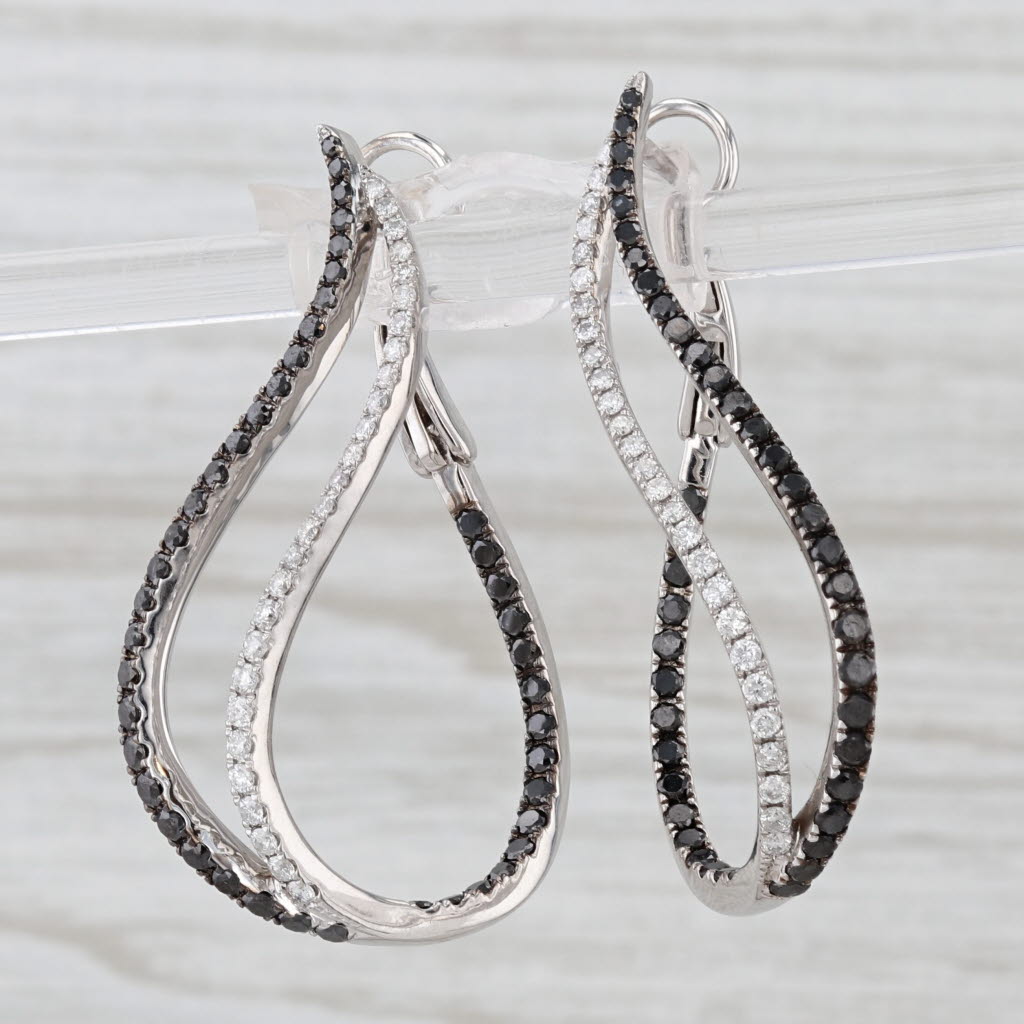 New 1.42ctw Black White Diamond Oval Hoop Earrings 14k White Gold Drops
