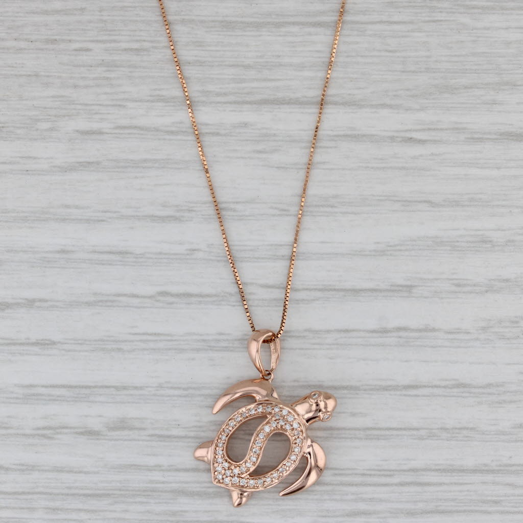 Gray Diamond Sea Turtle Pendant Necklace 14k Rose Gold 18.75" Box Chain