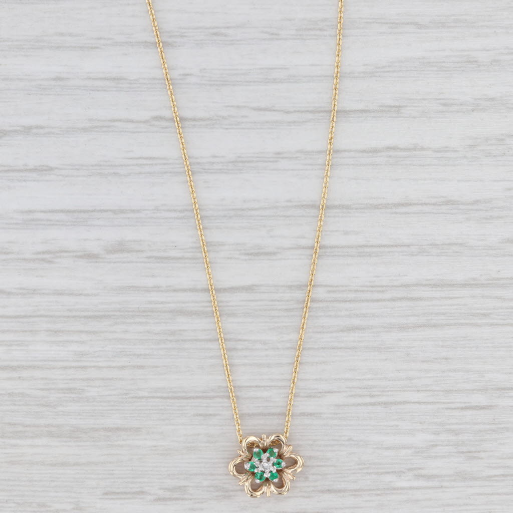 Light Gray Emerald Diamond Flower Pendant Necklace 14k Yellow Gold Adjustable Cable Chain