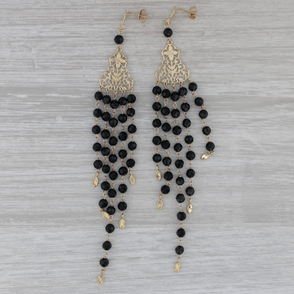 Dark Gray Onyx Bead Dangle Earrings 14k Yellow Gold Chandelier Statement