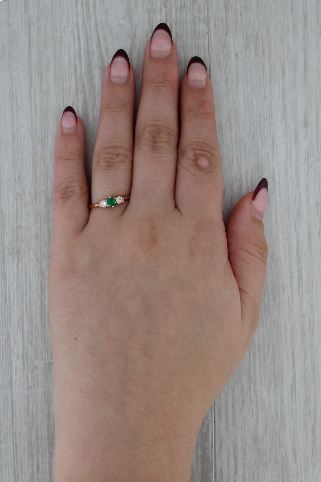 0.43ctw Emerald Diamond Ring 14k Yellow Gold Size 8 small 3-Stone