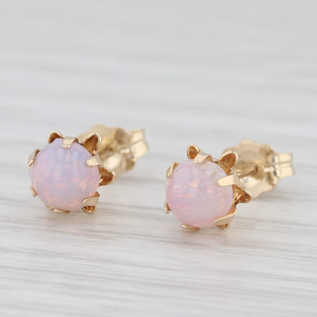 Light Gray Simulated Opal Glass Buttercup Stud Earrings 14k Gold Round Solitaire Cabochons