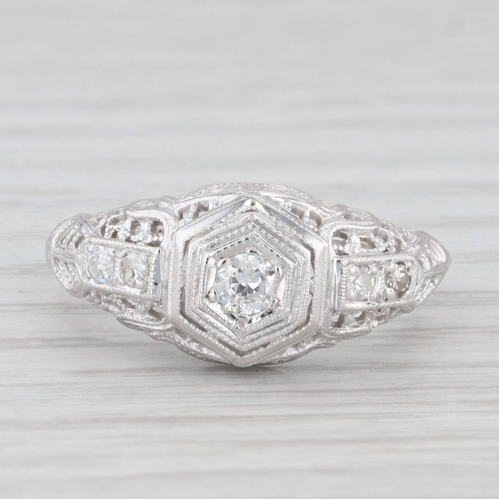 Light Gray 0.16ct Diamond Filigree Ring 18k White Gold Size 6.25 Vintage Engagement