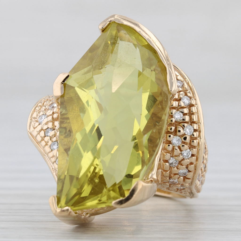 Gray Lemon Quartz Leaf Diamond Cocktail Bypass Ring 14k Yellow Gold Size 5