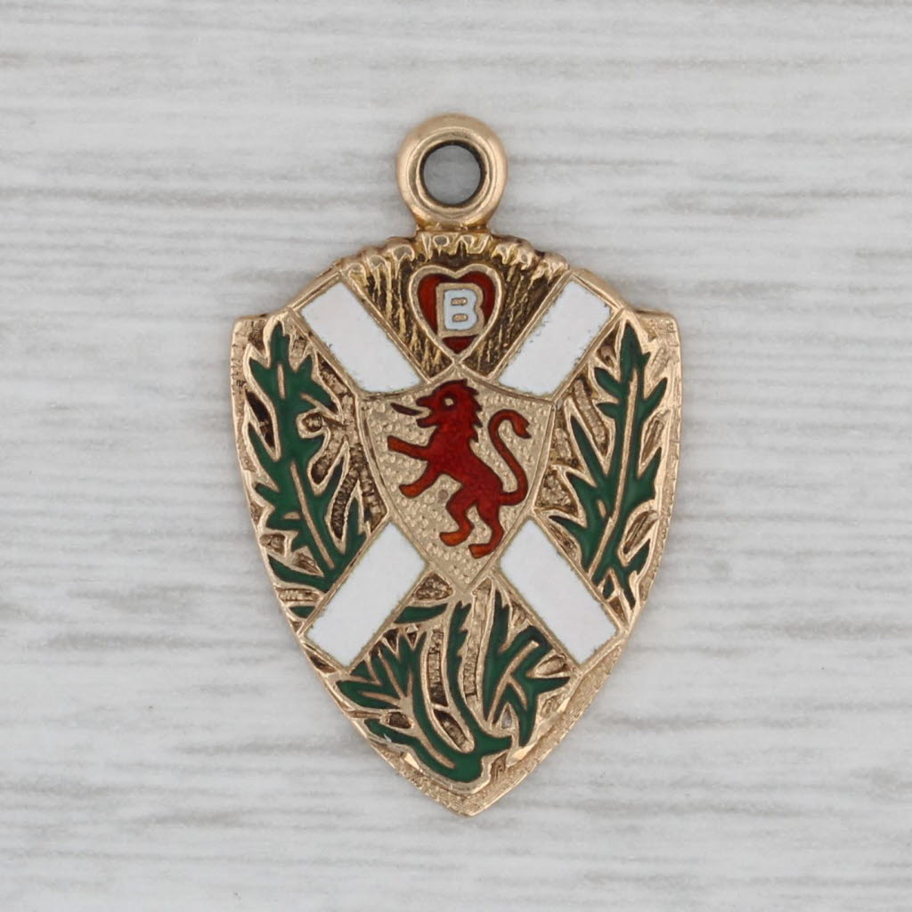 Gray Vintage Rampant Lion Crest Shield Charm 10k Yellow Gold Enamel Coat of Arms