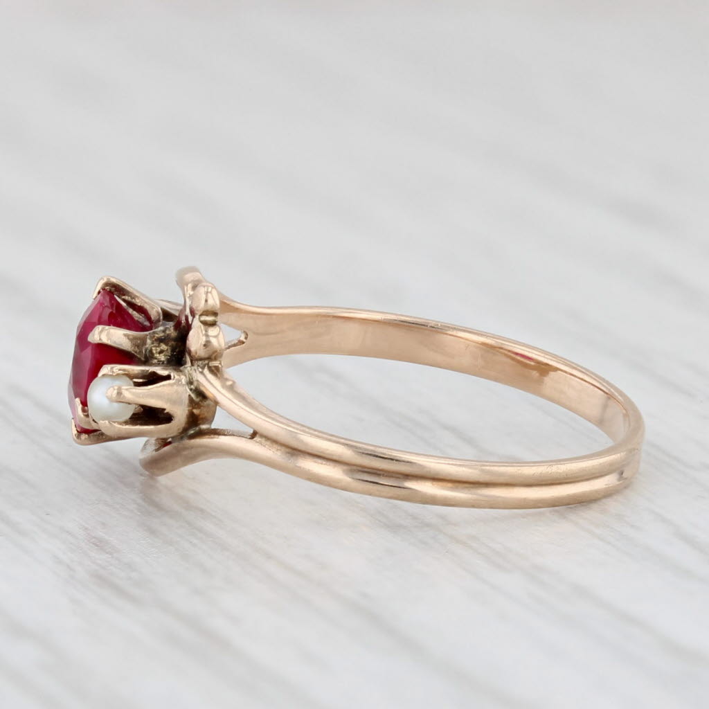 Light Gray Vintage Oval Lab Created Ruby Pearl Ring 10k Yellow Gold Size 5.5