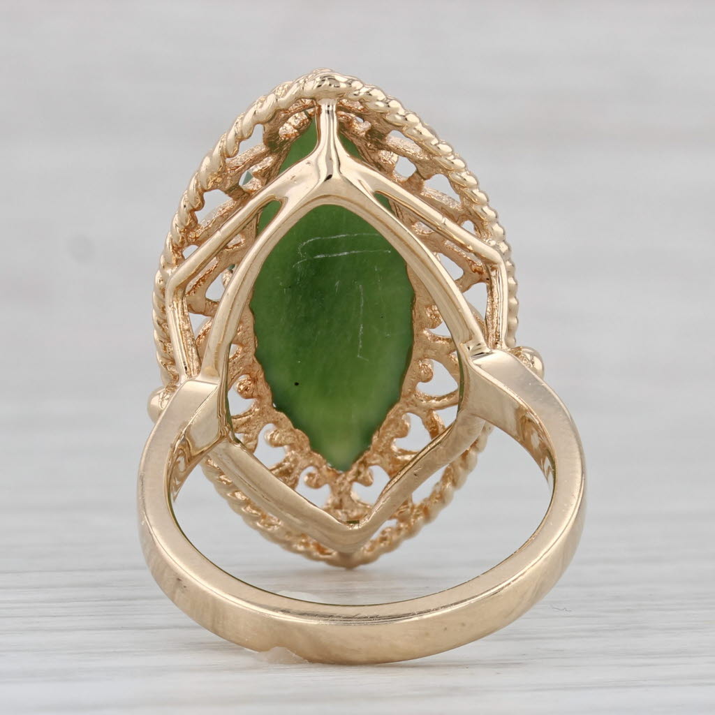 Light Gray Green Nephrite Jade Navette Cabochon Ring 14k Yellow Gold Size 6.5