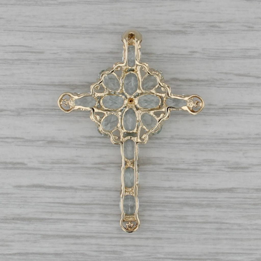 5.62ctw Aquamarine Diamond Large Cross Pendant 10k Yellow Gold Heart Accents