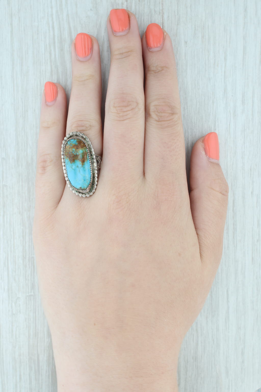 Light Gray Vintage Turquoise Oval Cabochon Ring Sterling Silver Native American Signed