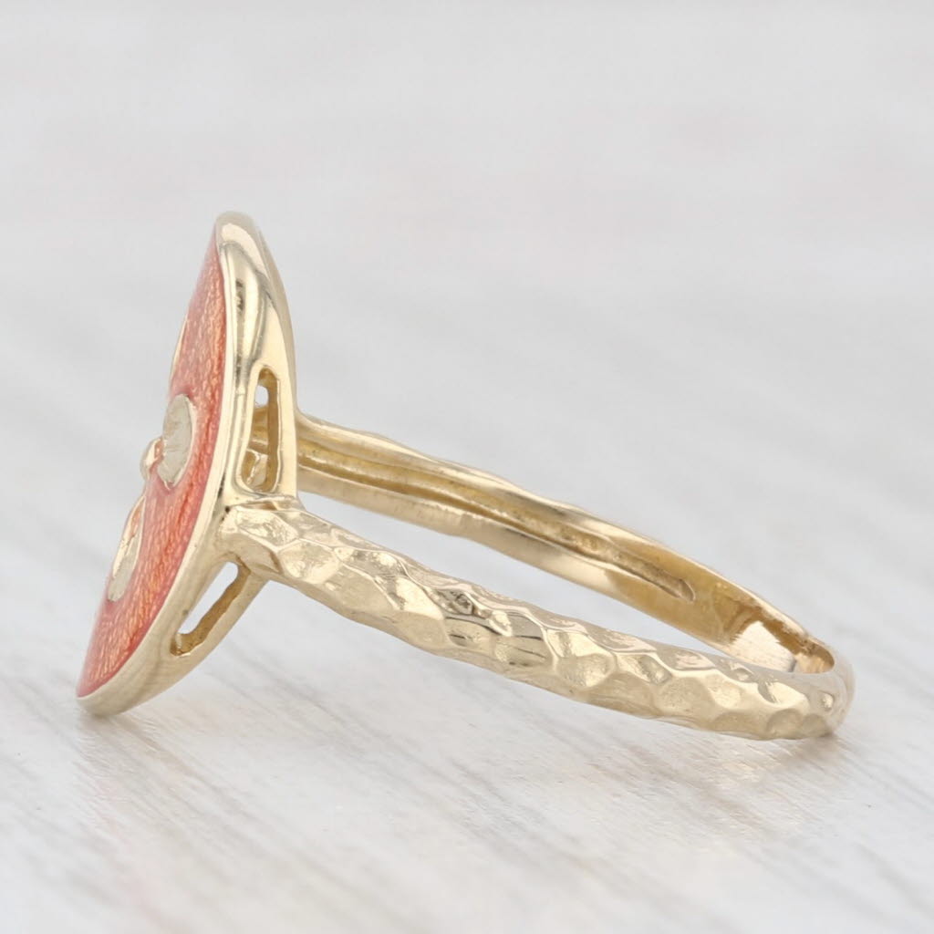 Orange Enamel Flower Signet Ring 14k Yellow Gold Size 7.5